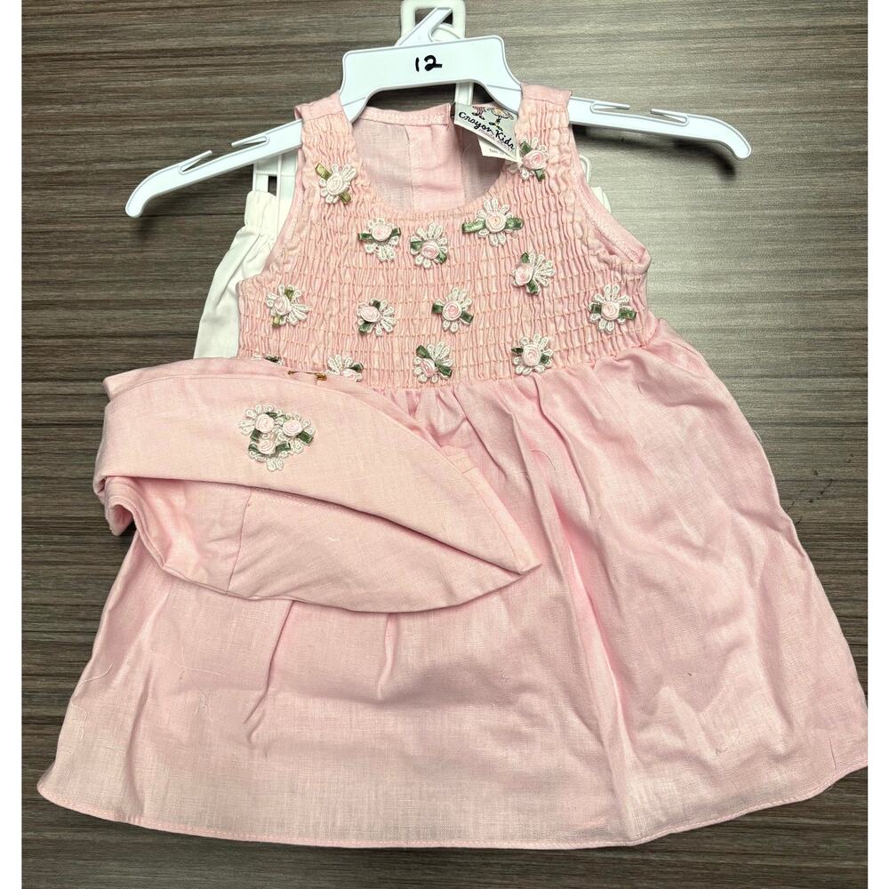 Vintage Crayon Kids It's Baby Bloomer Bonnet Dress Set 12M Pink White Smocked
